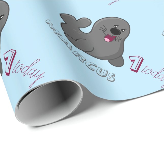 Personalized 1st Birthday Sea Lion - Baby Seal Wrapping Paper (Roll Corner)