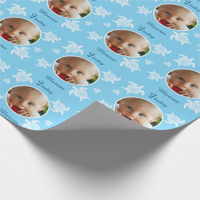 Personalized 1st Birthday sea turtle blue baby Wrapping Paper (Corner)