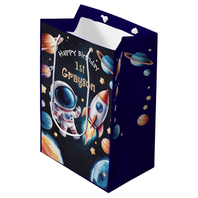 Personalized 1st Birthday Space-Themed Gift Bag (Front Angled)