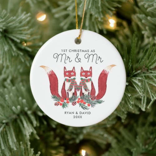 Personalized 1st Christmas As Mr Mr Woodland Foxes Ceramic Ornament