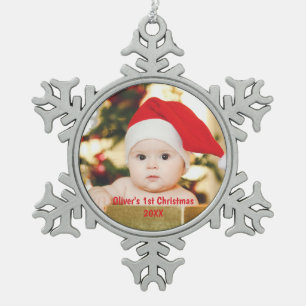 Personalized 1st Christmas Baby Photo Snowflake Pewter Christmas Ornament