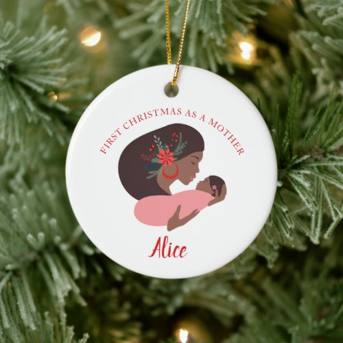 Personalized 1st Christmas Black Mother Baby Girl Ceramic Ornament