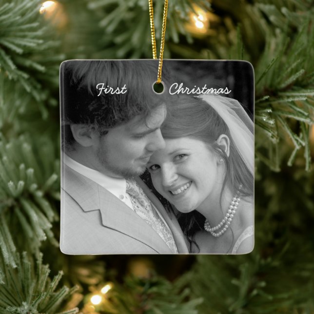 Personalized 1st Christmas Chandelier Damask Photo Ceramic Ornament (Tree)