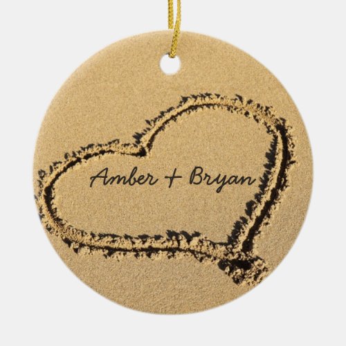 Personalized 1st Christmas Heart on Beach Wedding Ceramic Ornament