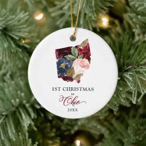 Personalized 1st Christmas In Ohio State Floral Ceramic Ornament