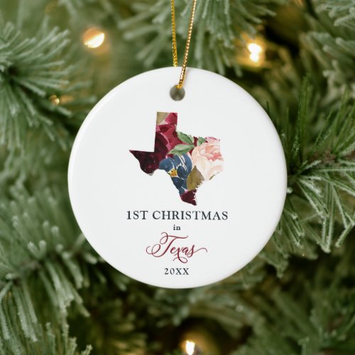 Personalized 1st Christmas In Texas State Floral Ceramic Ornament