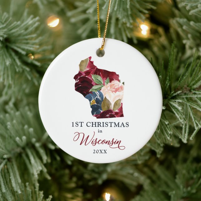 Personalized 1st Christmas in Wisconsin State WI Ceramic Ornament (Tree)