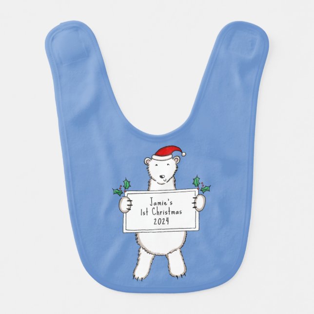 Personalized 1st Christmas Polar Bear Baby Baby Bib (Front)