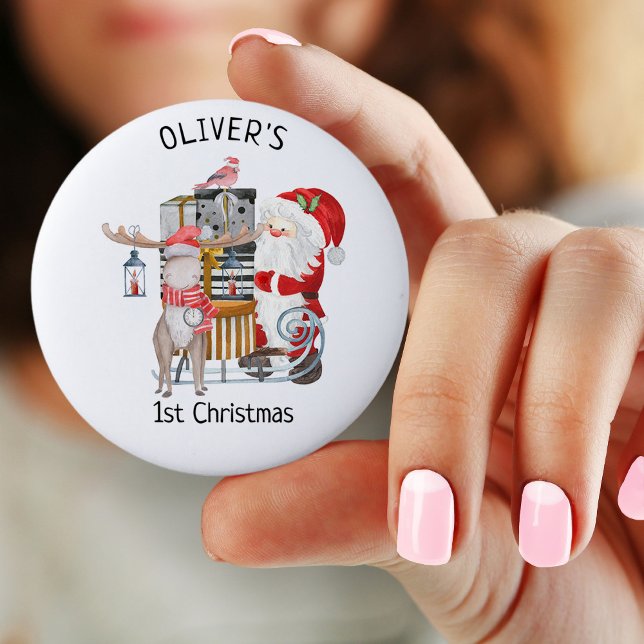 Personalized 1st Christmas Santa and Reindeer Button (Pin Button Badge for baby's 1st christmas)