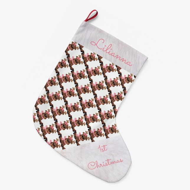 Personalized 1st Christmas Stocking/Cute Reindeer Large Christmas Stocking (Front (Hanging))