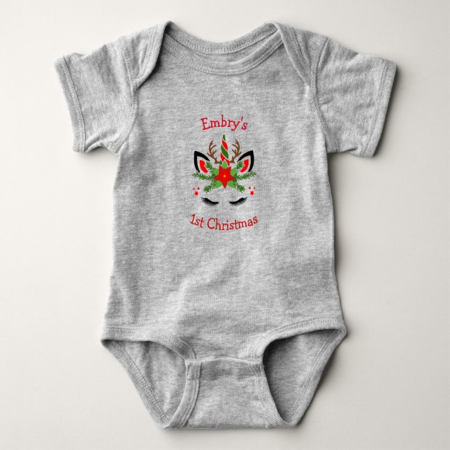 Personalized 1st Christmas Unicorn  Baby Bodysuit (Front)
