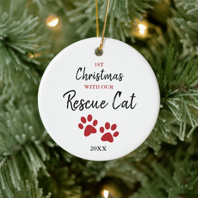 Personalized 1st Christmas With Our New Rescue Cat Ceramic Ornament (Tree)