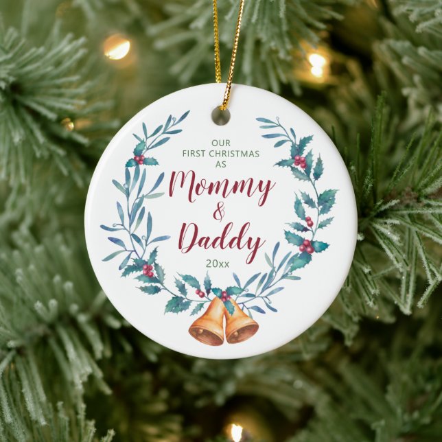 Personalized 1st Time Mommy & Daddy Christmas  Ceramic Ornament (Tree)