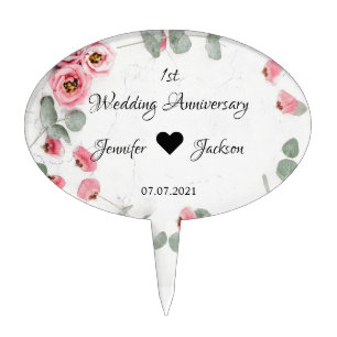 Personalized 1st Wedding Anniversary Pink Floral  Cake Topper