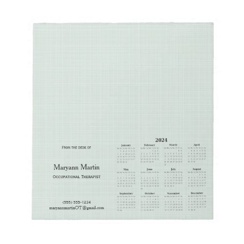 Personalized 2024 Monthly Calendar Green Linen Notepad