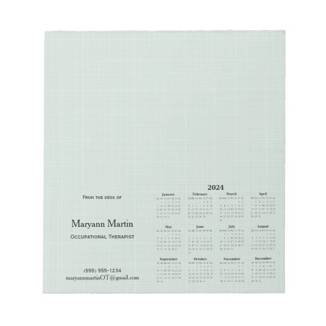 Personalized 2024 Monthly Calendar Green Linen Notepad (Front)