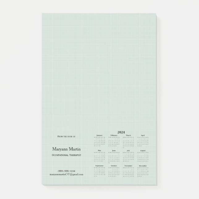 Personalized 2024 Monthly Calendar Green Linen  Post-it Notes (Front)