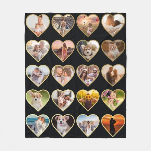 Personalized 20 Golden Heart Photo Collage Fleece Blanket