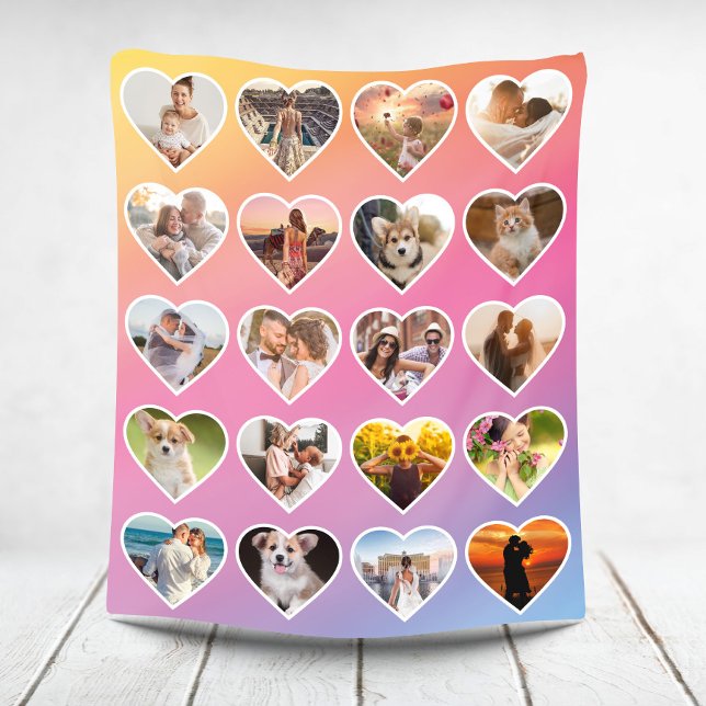 Personalized 20 Heart Photo Colorful Collage Fleece Blanket (Creator Uploaded)