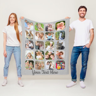 Personalized 20 Photo Collage Script Gray Linen Fleece Blanket