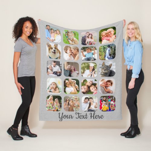 Personalized 20 Photo Collage Script Gray Linen Fleece Blanket