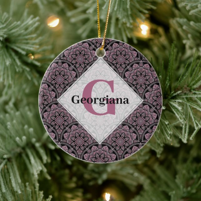 Personalized 20s Dusky Rose Floral Fronds Mandala Ceramic Ornament (Tree)
