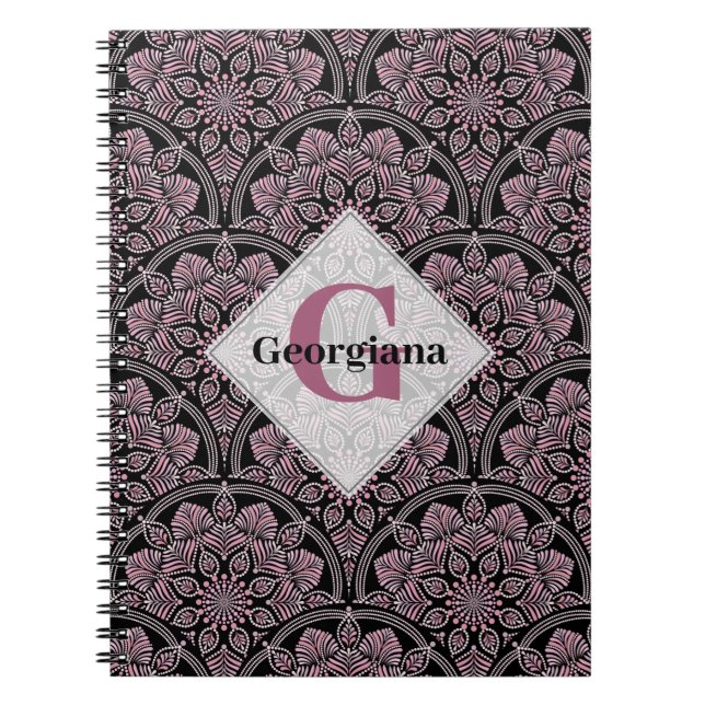 Personalized 20s Dusky Rose Floral Fronds Mandala Notebook (Front)