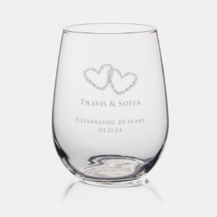 Personalized 20th Anniversary Gift Unique Hearts Stemless Wine Glass