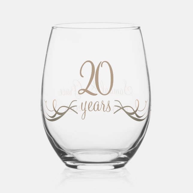 Personalized 20th Anniversary Keepsake Custom Gift Stemless Wine Glass (Front)