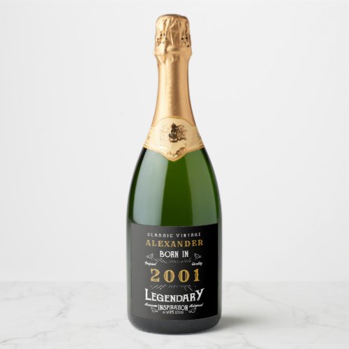 Personalized 20th Birthday Born 2001 Vintage Black Sparkling Wine Label