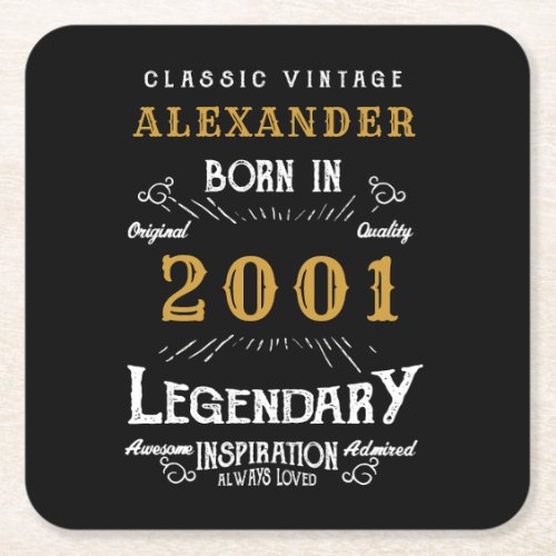 Personalized 20th Birthday Born 2001 Vintage Black Square Paper Coaster