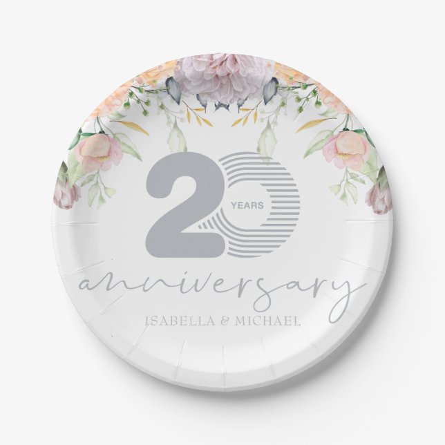 Personalized 20th Wedding Anniversary Floral Paper Plates (Front)