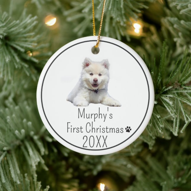 Personalized 20XX Dogs First Christmas Photo  Ceramic Ornament (Tree)