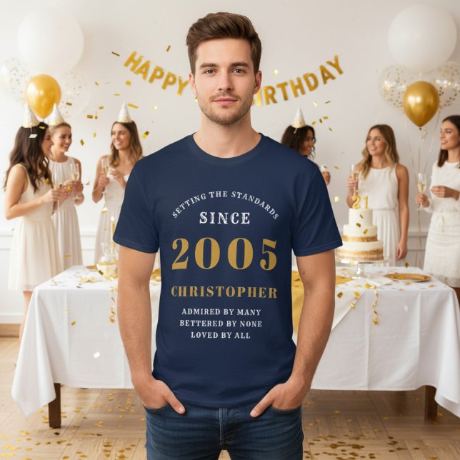 Personalized 21st Birthday 2005 Add Name Blue Gold T-Shirt (2005 blue birthday tshirt. Party background.)