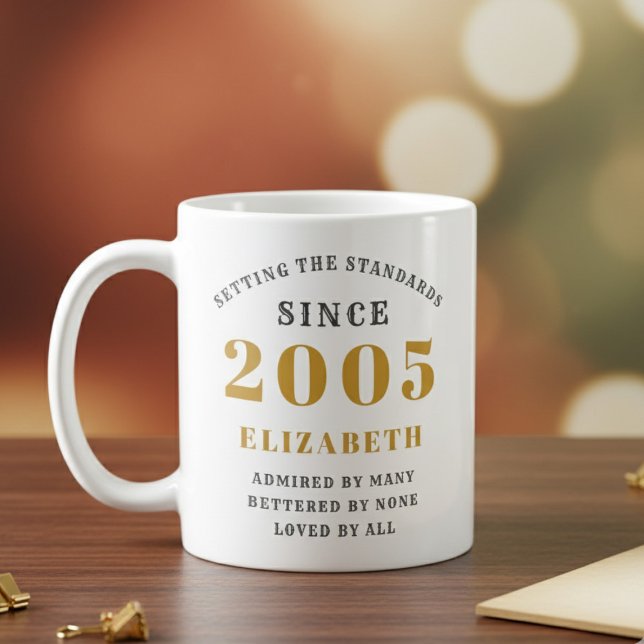 Personalized 21st Birthday 2005 Add Name Elegant Coffee Mug (Born 2005 birthday gift mug. Blurred background, dark wood desk.)