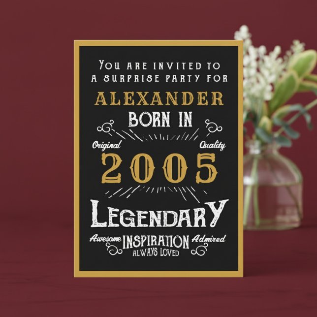 Personalized 21st Birthday 2005 Black Gold Legend Invitation (2005 birthday invitation. Red background.)
