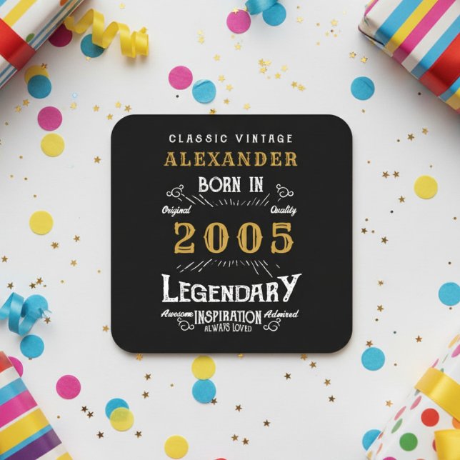Personalized 21st Birthday 2005 Vintage Legend Square Paper Coaster (Born 2005 coaster with a white background.)