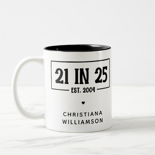 Personalized 21st Birthday 21 IN 25 Est 2004 Two-Tone Coffee Mug (Left)
