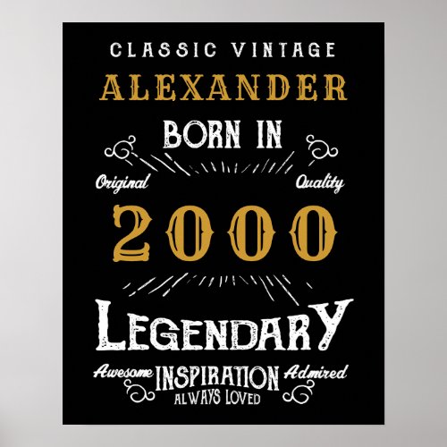 Personalized 21st Birthday Born 2000 Vintage Black Poster