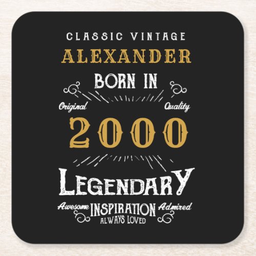 Personalized 21st Birthday Born 2000 Vintage Black Square Paper Coaster