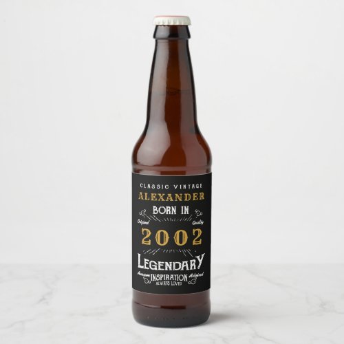 Personalized 21st Birthday Born 2002 Vintage Black Beer Bottle Label