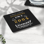 Personalized 21st Birthday Born 2004 Vintage Black Square Paper Coaster<br><div class="desc">A personalized classic paper coaster design for that birthday celebration for somebody born in 2004 and turning 21. Add the name to this vintage retro style black, white and gold design for a custom 21st birthday gift. Easily edit the name and year with the template provided. A wonderful custom black...</div>