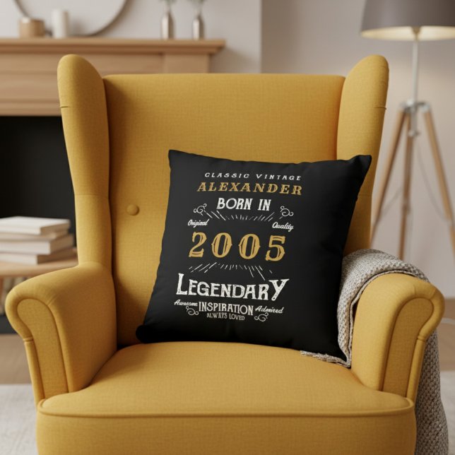 Personalized 21st Birthday Born 2005 Legend Black Throw Pillow (Born 2005 throw pillow on a yellow chair.)