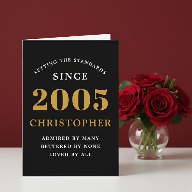 Personalized 21st Birthday Born 2005 Vintage Black Card (Born 2005 birthday greeting card. Red and white background.)