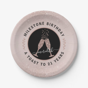 Personalized 21st Birthday Glitter Champagne Toast Paper Plates