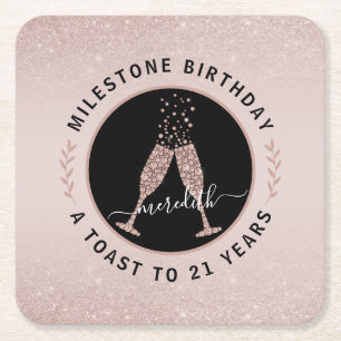 Personalized 21st Birthday Glitter Champagne Toast Square Paper Coaster