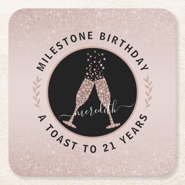 Personalized 21st Birthday Glitter Champagne Toast Square Paper Coaster (Front)