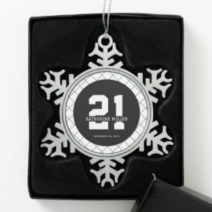 Personalized 21st Birthday Modern and Elegant Snowflake Pewter Christmas Ornament