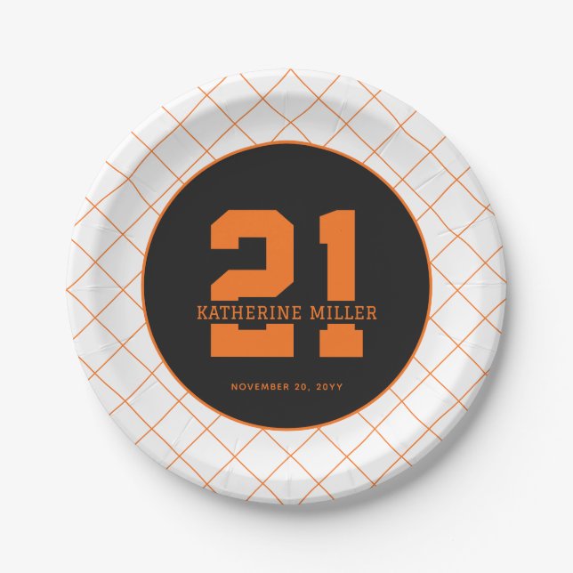 Personalized 21st Birthday Modern Orange Paper Plates (Front)