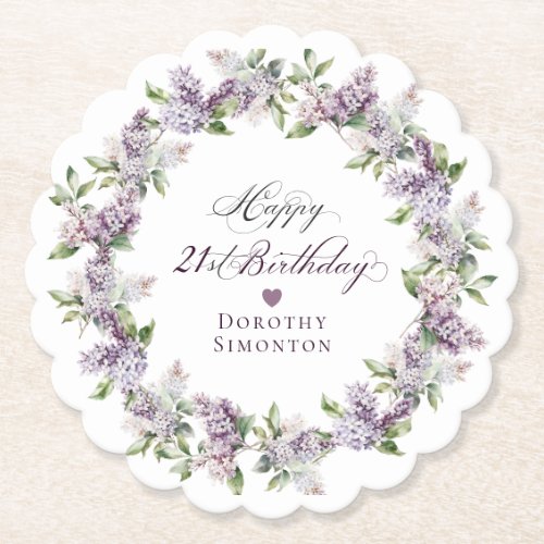 Personalized 21st Birthday Purple Lilac Flower Paper Coaster